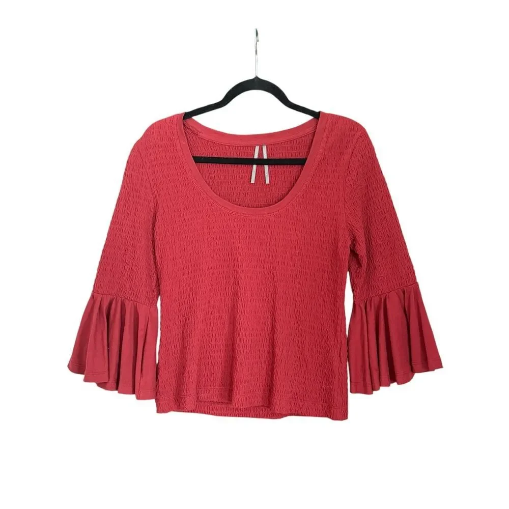 Anthropologie Rust Red Smocked Ruffle Bell Sleeve Top Size M Cotton Stretch